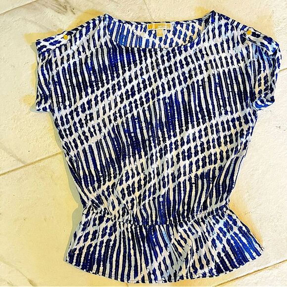 Michael Michael Kors Blue & White Shibori Tie Dye Print Cinched Waist Blouse Med - Picture 2 of 6